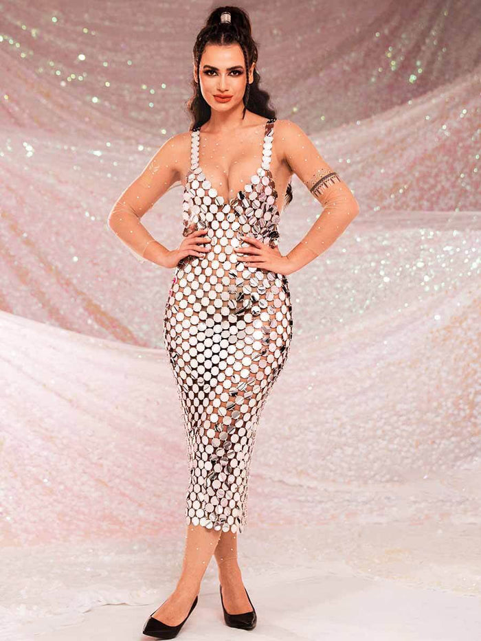 Silver Sequin Midi Dress - V-Neck Strappy Chainmail Dress