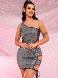 Silver Sequin Mini Dress: One-Shoulder & Cutouts