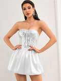 Silver Sequin Patchwork White Strapless Dress
