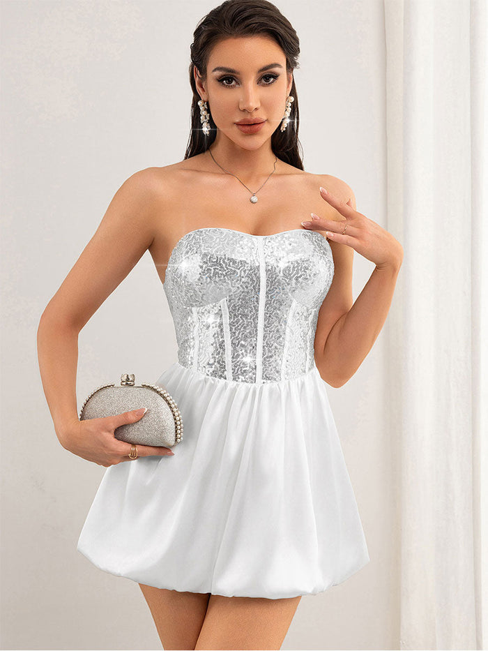 Silver Sequin Patchwork White Strapless Dress