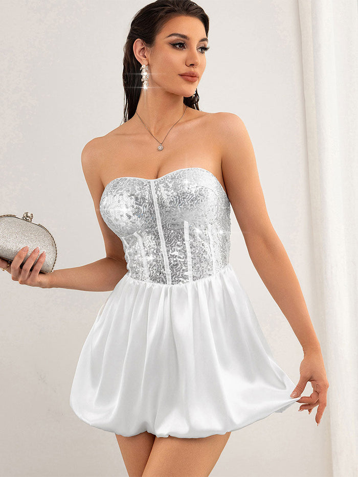 Silver Sequin Patchwork White Strapless Dress
