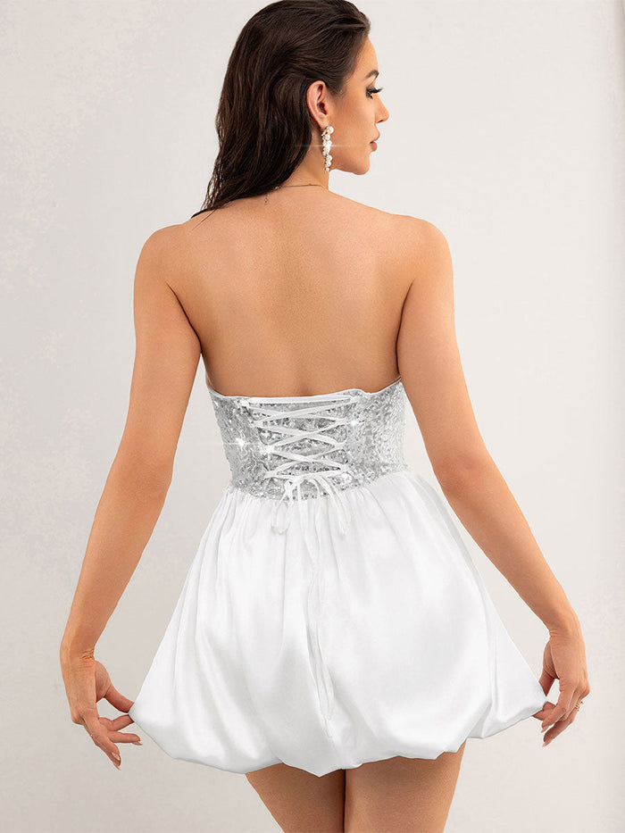 Silver Sequin Patchwork White Strapless Dress