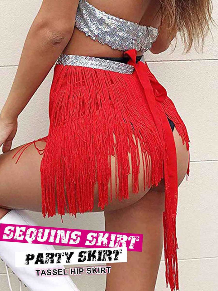 Silver Sequin Red Tassel Skirt