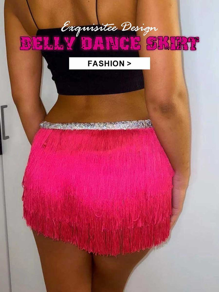 Silver Sequin Rose-Red Tassel Skirt