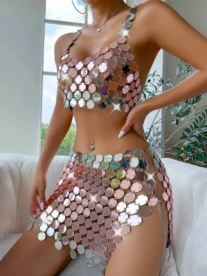 Silver Sequin Skirt Suit - Short Camisole Bra + Short Skirt