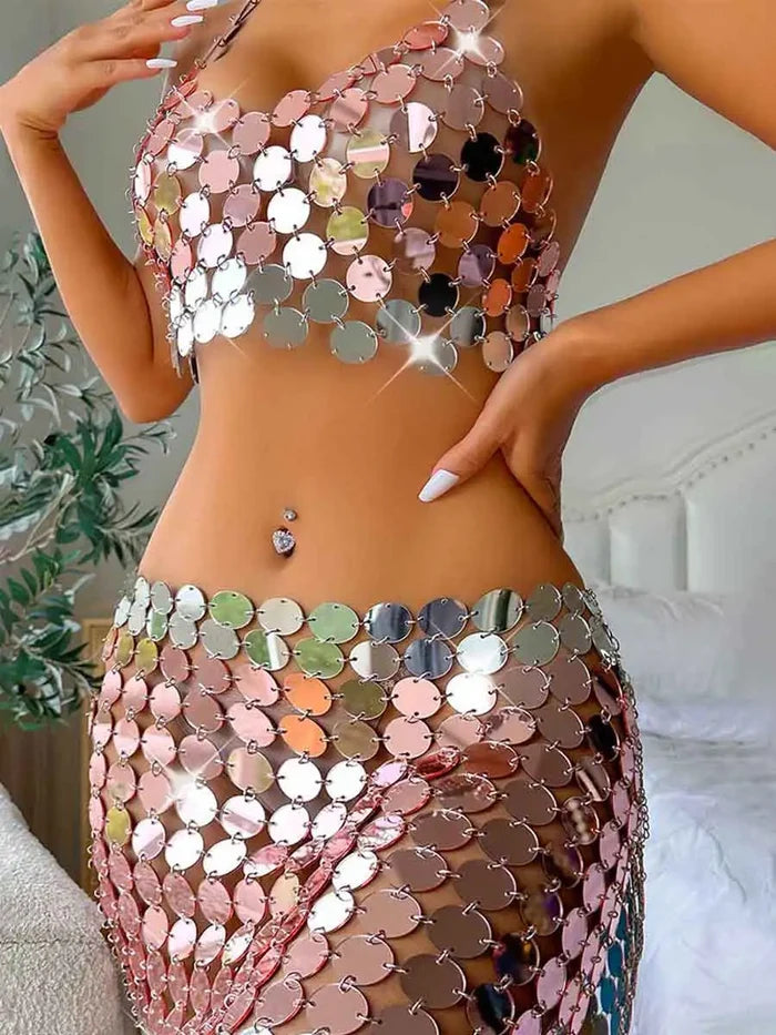 Silver Sequin Skirt Suit - Short Camisole Bra + Short Skirt
