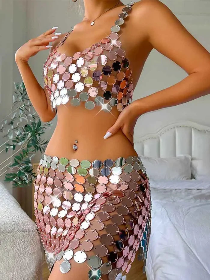 Silver Sequin Skirt Suit - Short Camisole Bra + Short Skirt