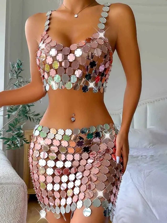 Silver Sequin Skirt Suit - Short Camisole Bra + Short Skirt