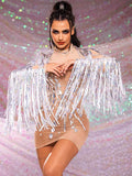 Silver Sequin Tassel Mini Dress - Mirror Dress With Rhinestones