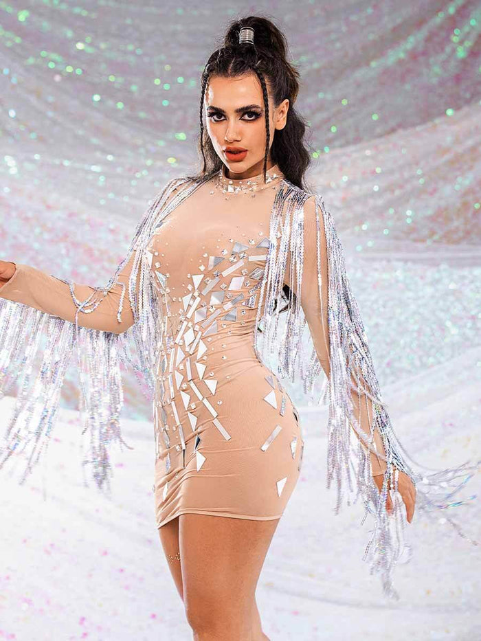 Silver Sequin Tassel Mini Dress - Mirror Dress With Rhinestones