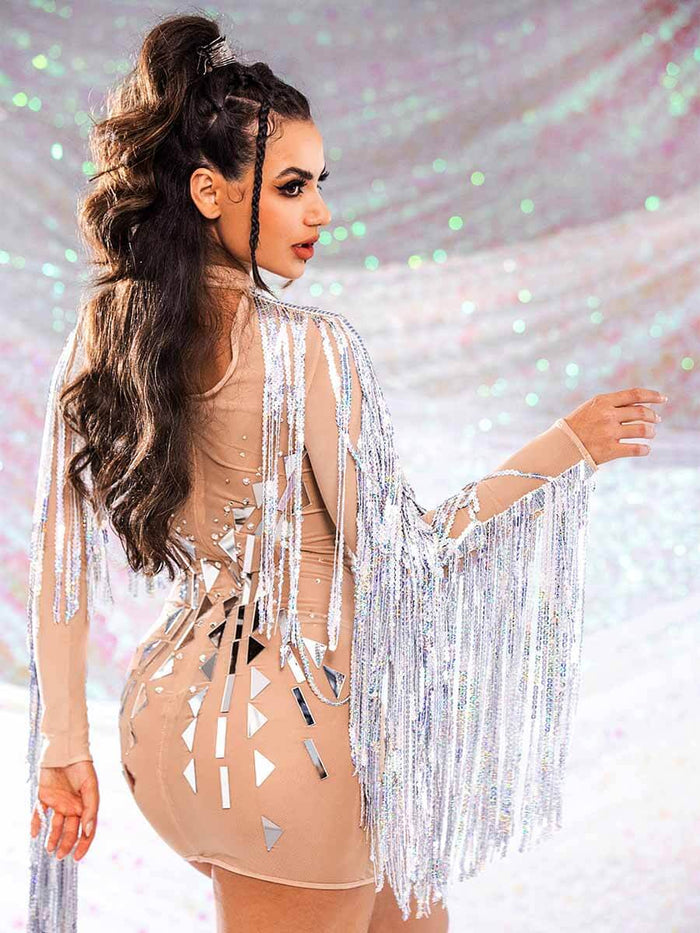 Silver Sequin Tassel Mini Dress - Mirror Dress With Rhinestones