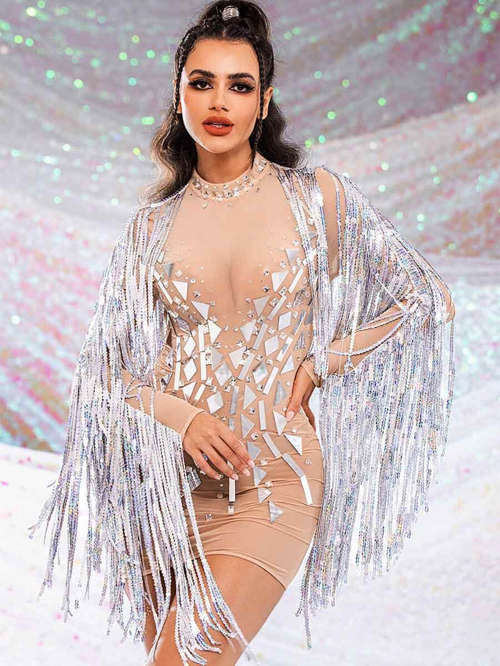 Silver Sequin Tassel Mini Dress - Mirror Dress With Rhinestones