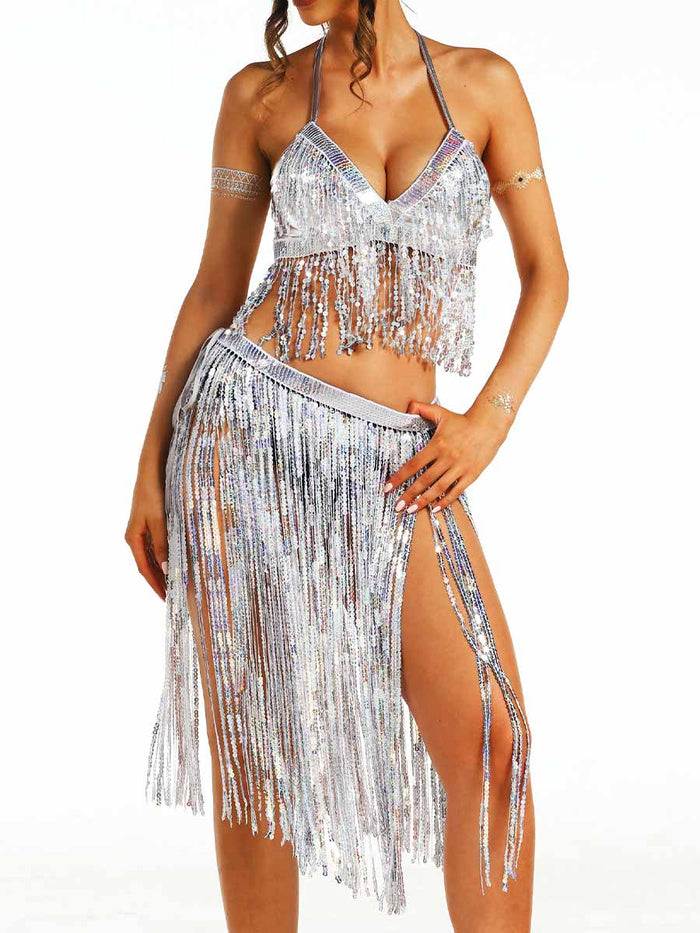 Silver Sequin Tassel Party Two-Piece Set