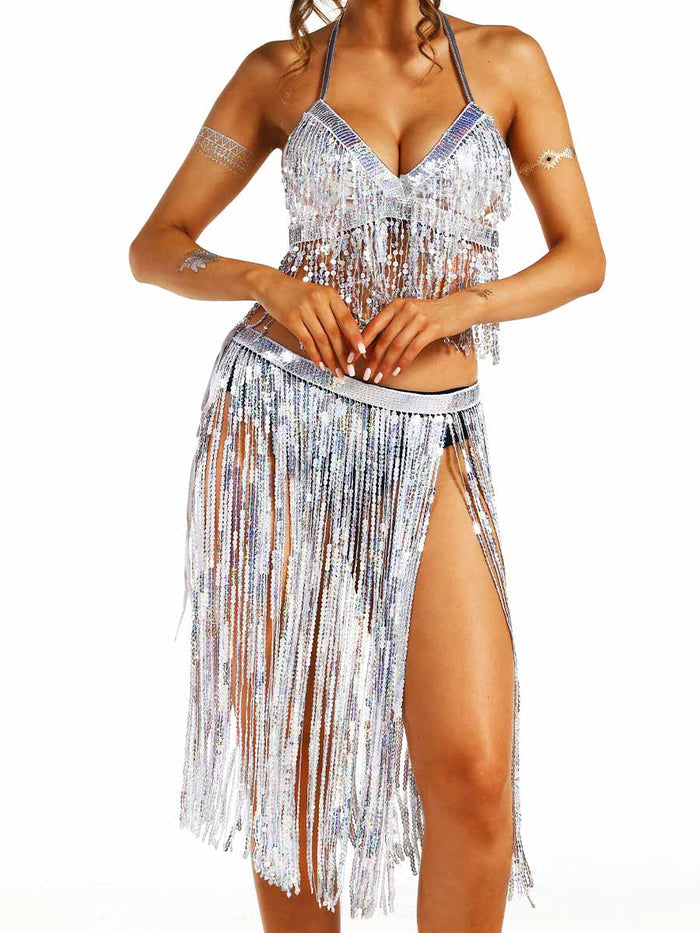 Silver Sequin Tassel Party Two-Piece Set