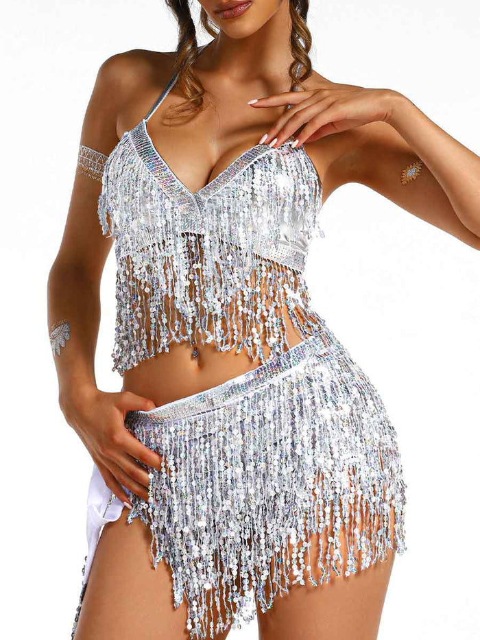 Silver Sequin Tassel Two-Piece Set