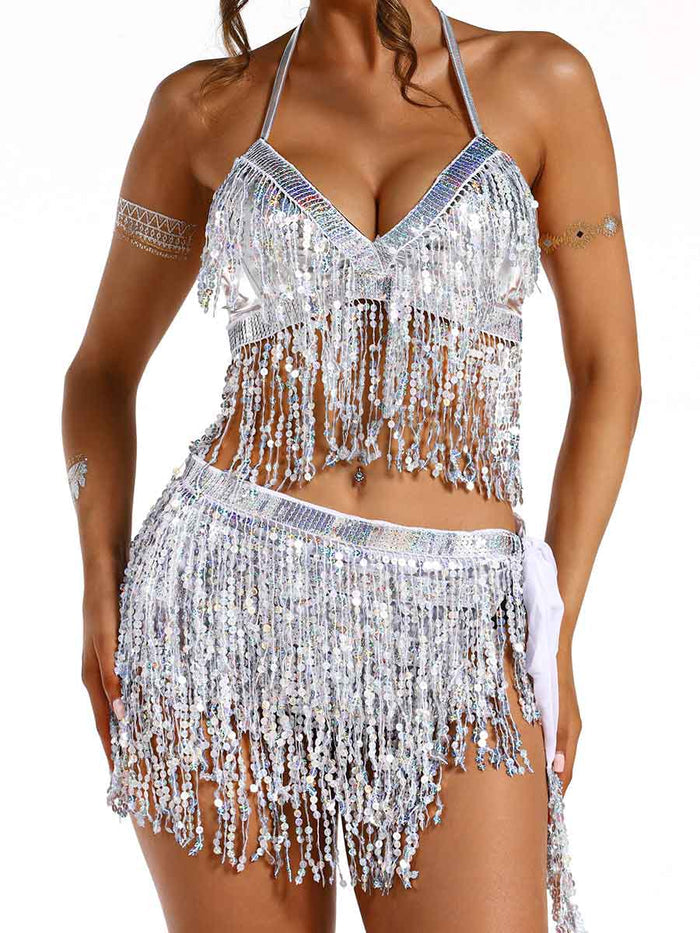 Silver Sequin Tassel Two-Piece Set