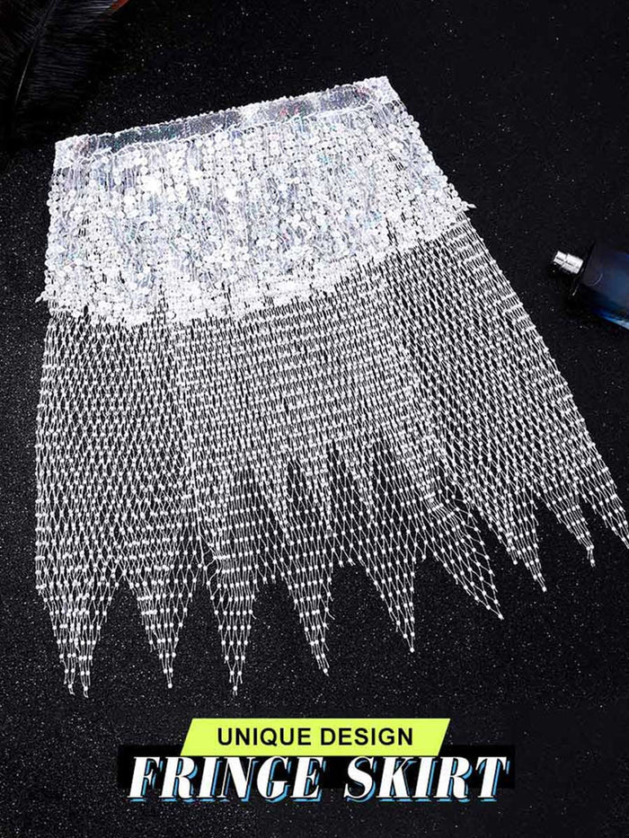 Silver Sequin Tasseled Rhinestone Fishnet Skirt