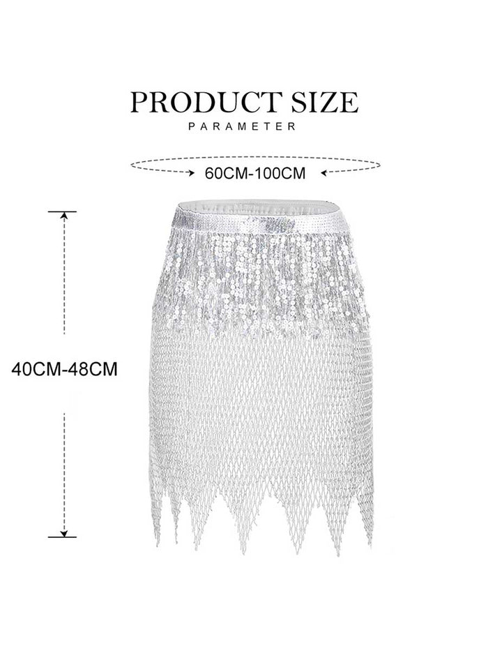 Silver Sequin Tasseled Rhinestone Fishnet Skirt