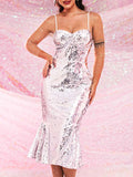 Silver Sparkly Mermaid Dress - Elegant Midi Slip Dress