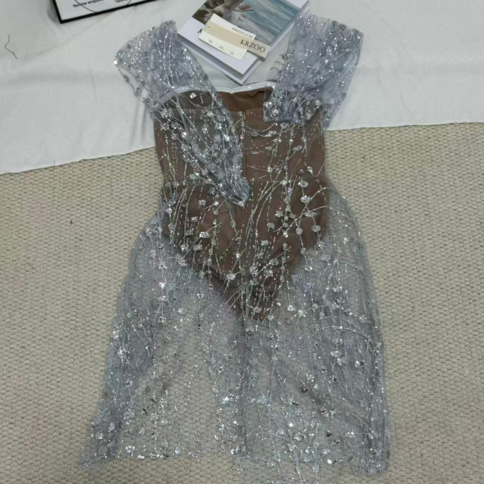 Silver Strapless Sequin Gown