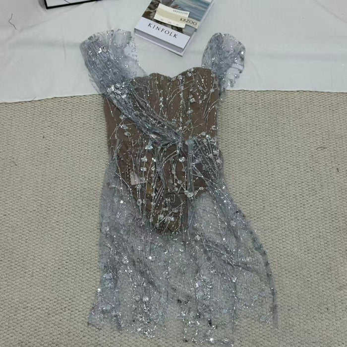 Silver Strapless Sequin Gown