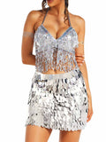 Silver Tassel Bra and Sequin Skirt Set