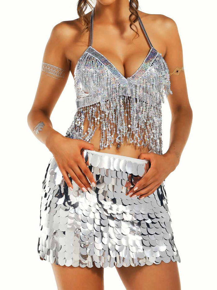 Silver Tassel Bra and Sequin Skirt Set
