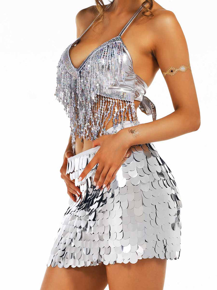 Silver Tassel Bra and Sequin Skirt Set