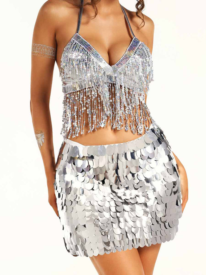 Silver Tassel Bra and Sequin Skirt Set