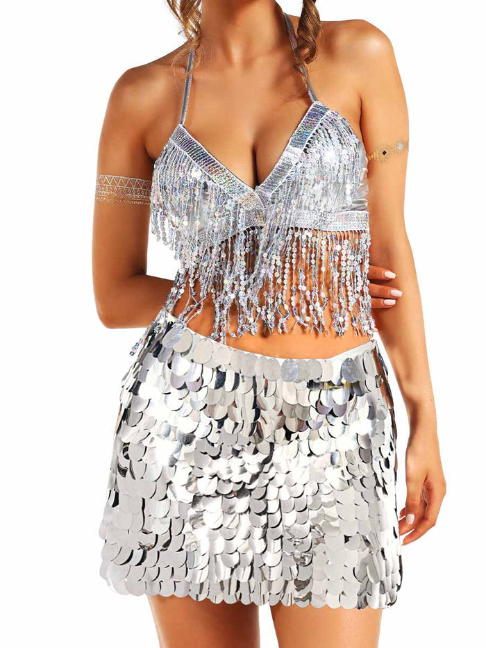 Silver Tassel Bra and Sequin Skirt Set