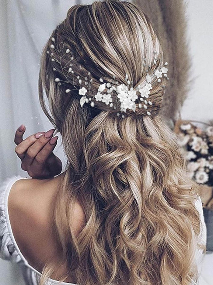 Silver Vine White Flower Leaf Pearl Hair Accessory