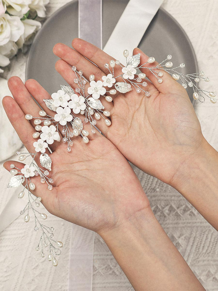 Silver Vine White Flower Leaf Pearl Hair Accessory
