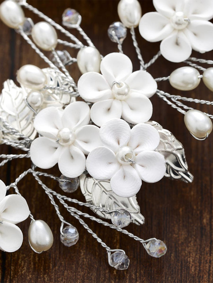 Silver Vine White Flower Leaf Pearl Hair Accessory