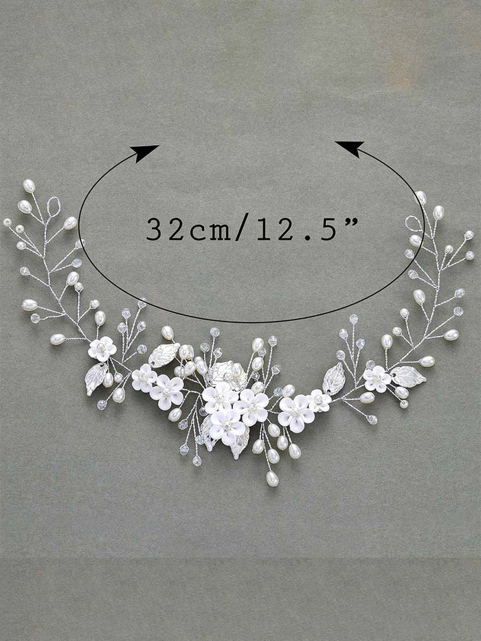 Silver Vine White Flower Leaf Pearl Hair Accessory