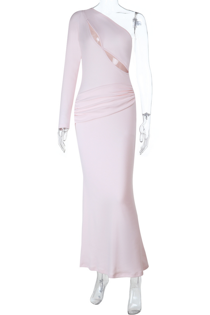 Skew Neck Long Sleeve Cutout Ruched Slim Fit Plain Maxi Dresses-Pink