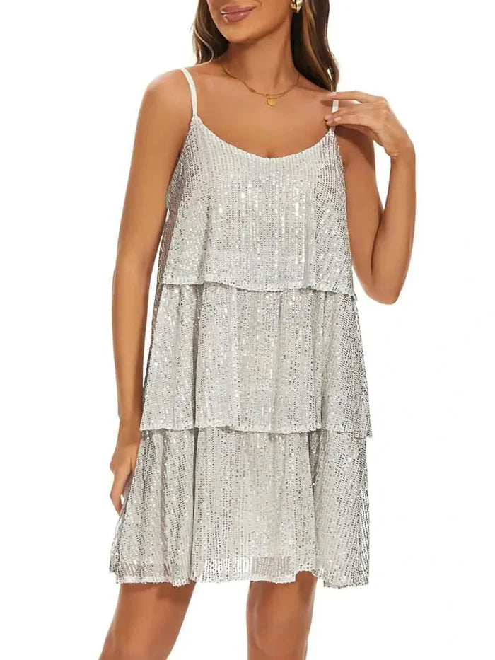 Sleeveless Backless V-Neck White Sequin Slip Dress