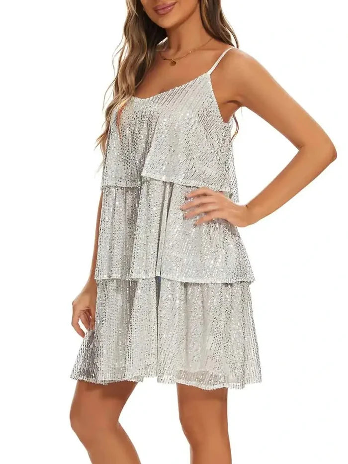 Sleeveless Backless V-Neck White Sequin Slip Dress