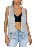 Sleeveless Cardigan Silver Sequin Fringe Vest Jacket
