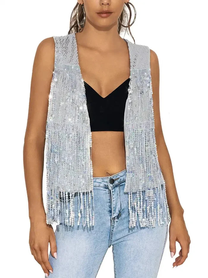 Sleeveless Cardigan Silver Sequin Fringe Vest Jacket