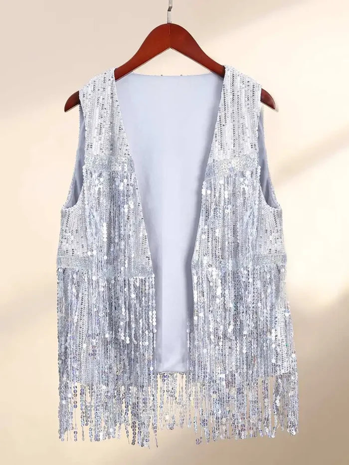 Sleeveless Cardigan Silver Sequin Fringe Vest Jacket