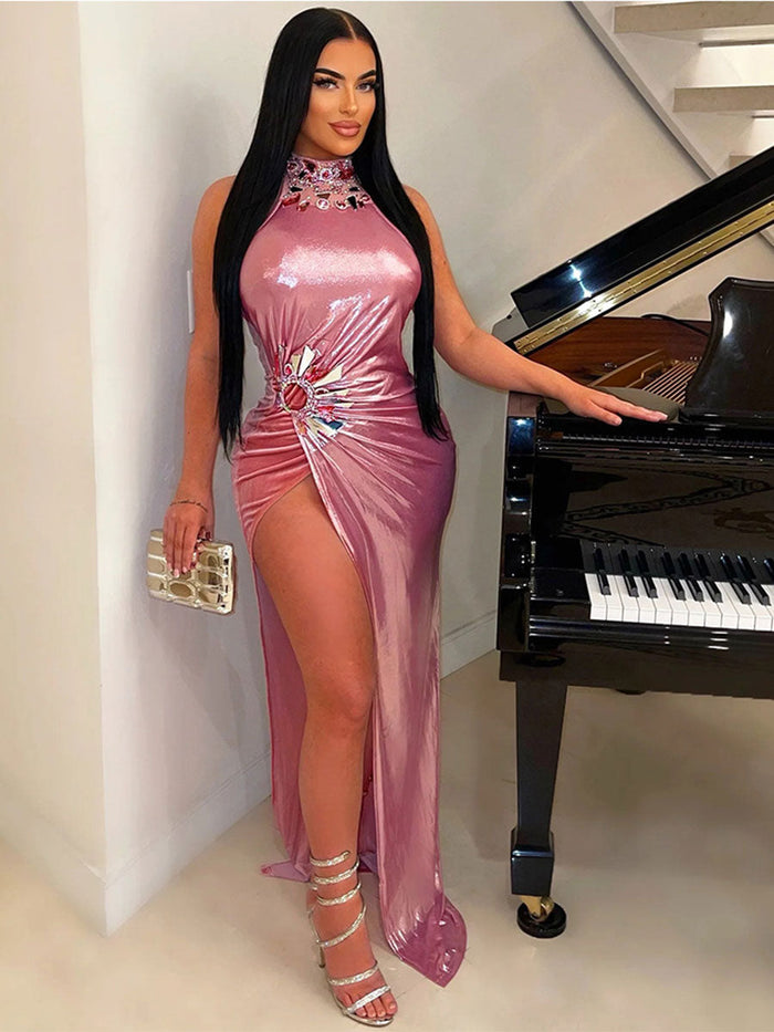 Sleeveless High-Slit Solid Color Rhinestone Reflective Dress