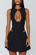 Sleeveless Keyhole Neck Cutout Pleated Party Mini Dresses-Black Pre Order