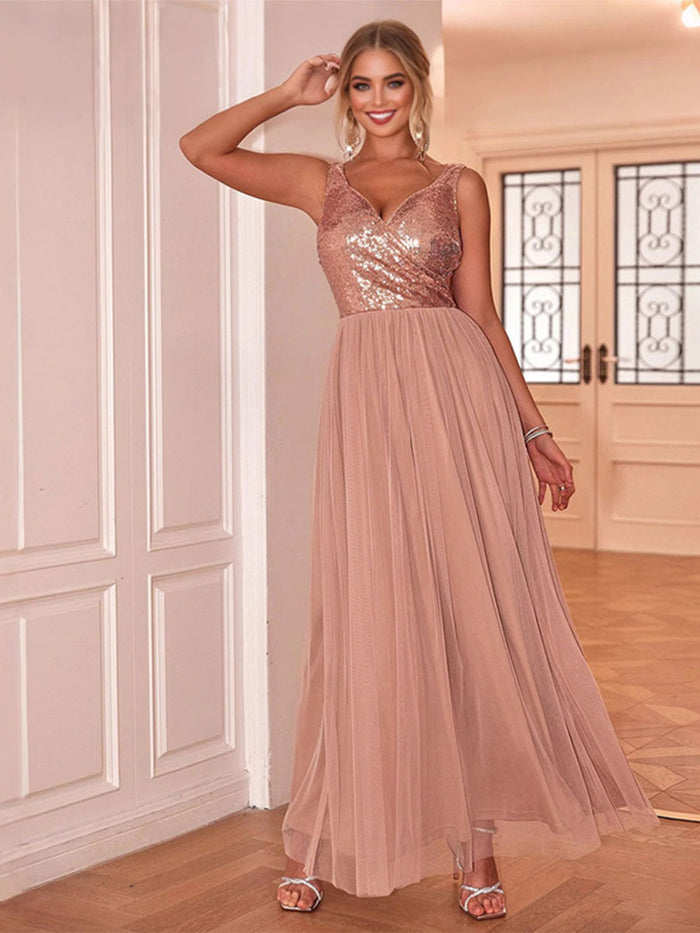 Sleeveless V-Neck Sequin Chiffon Patchwork Evening Gown