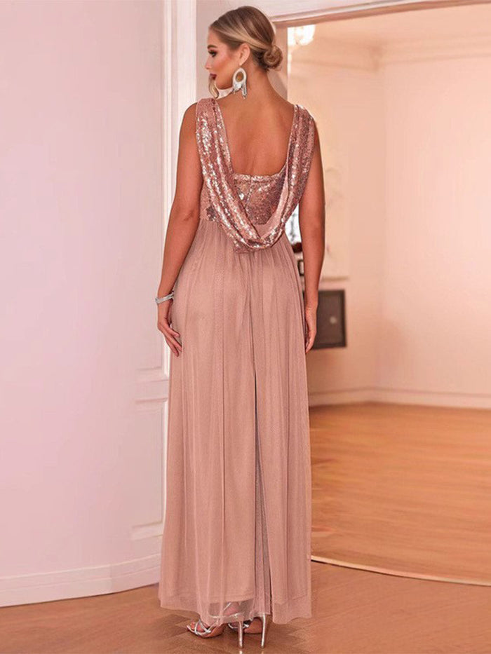 Sleeveless V-Neck Sequin Chiffon Patchwork Evening Gown