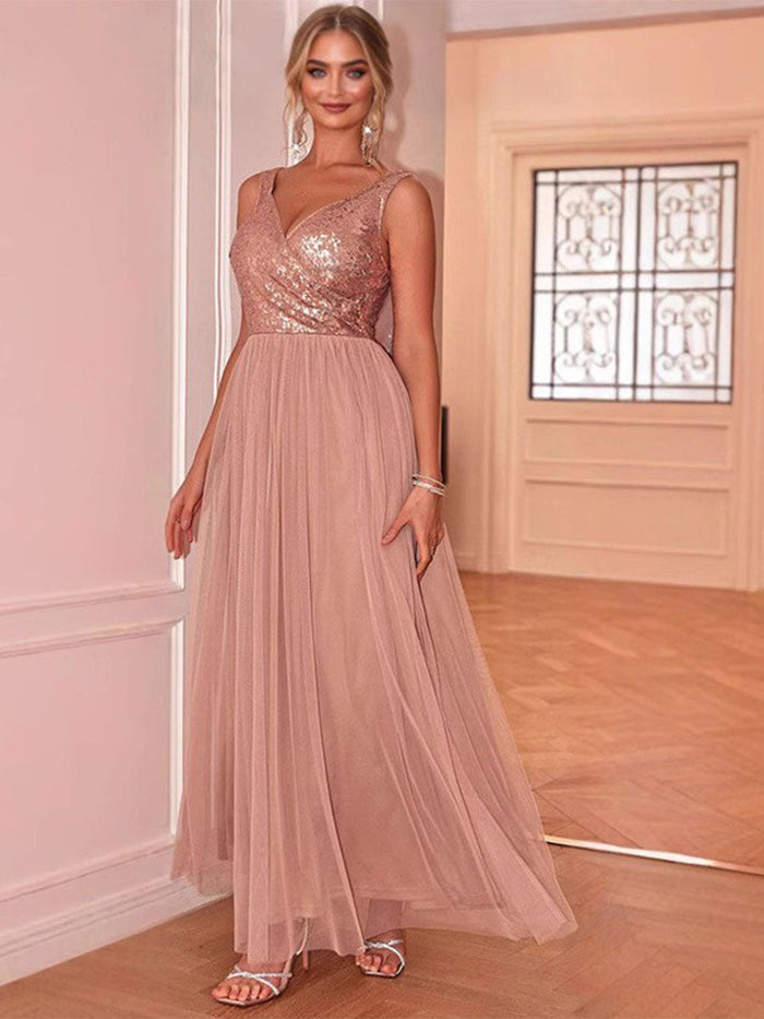 Sleeveless V-Neck Sequin Chiffon Patchwork Evening Gown