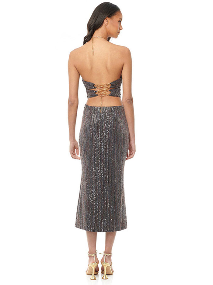 Slim-Fit Sequin Halter Cutout Backless A-Line Dress