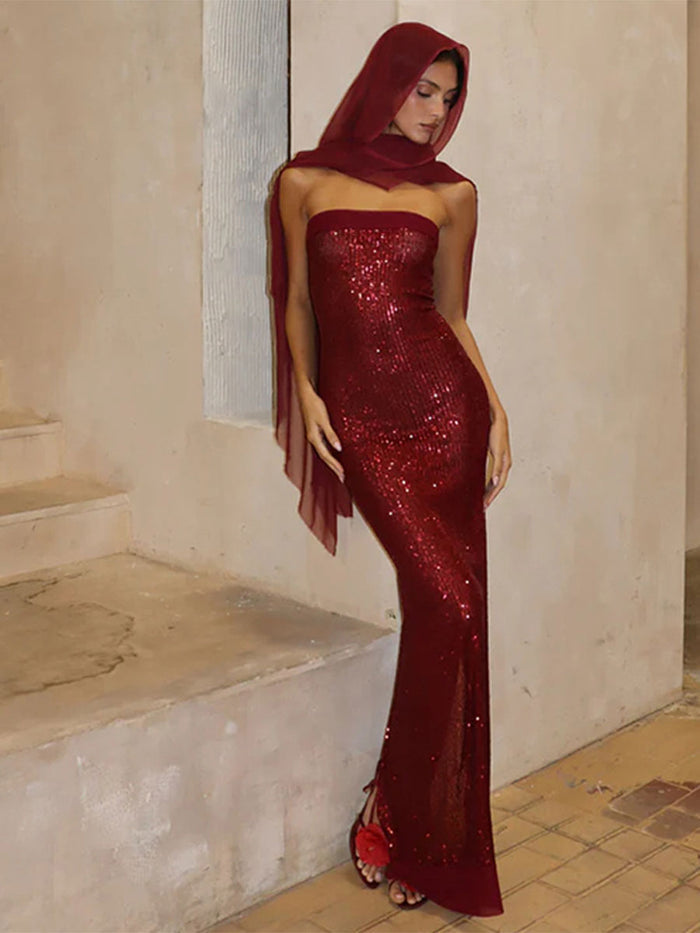 Slim-Fit Sequin Strapless Backless Gown with Slit