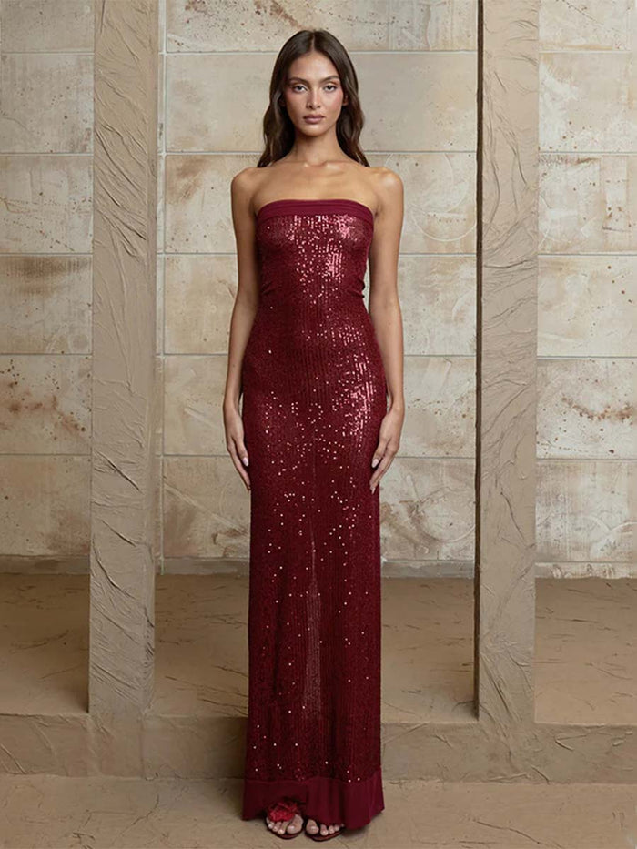 Slim-Fit Sequin Strapless Backless Gown with Slit
