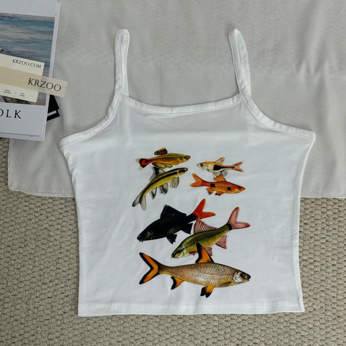 Small fish print short-sleeved halter top