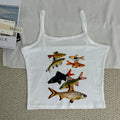 Small fish print short-sleeved halter top